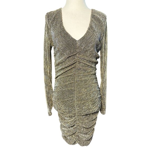NEW STEVE MADDEN S Gold Green Metallic Ribbed Ruched Dress Long Sleeves V-Neck - Picture 2 of 12